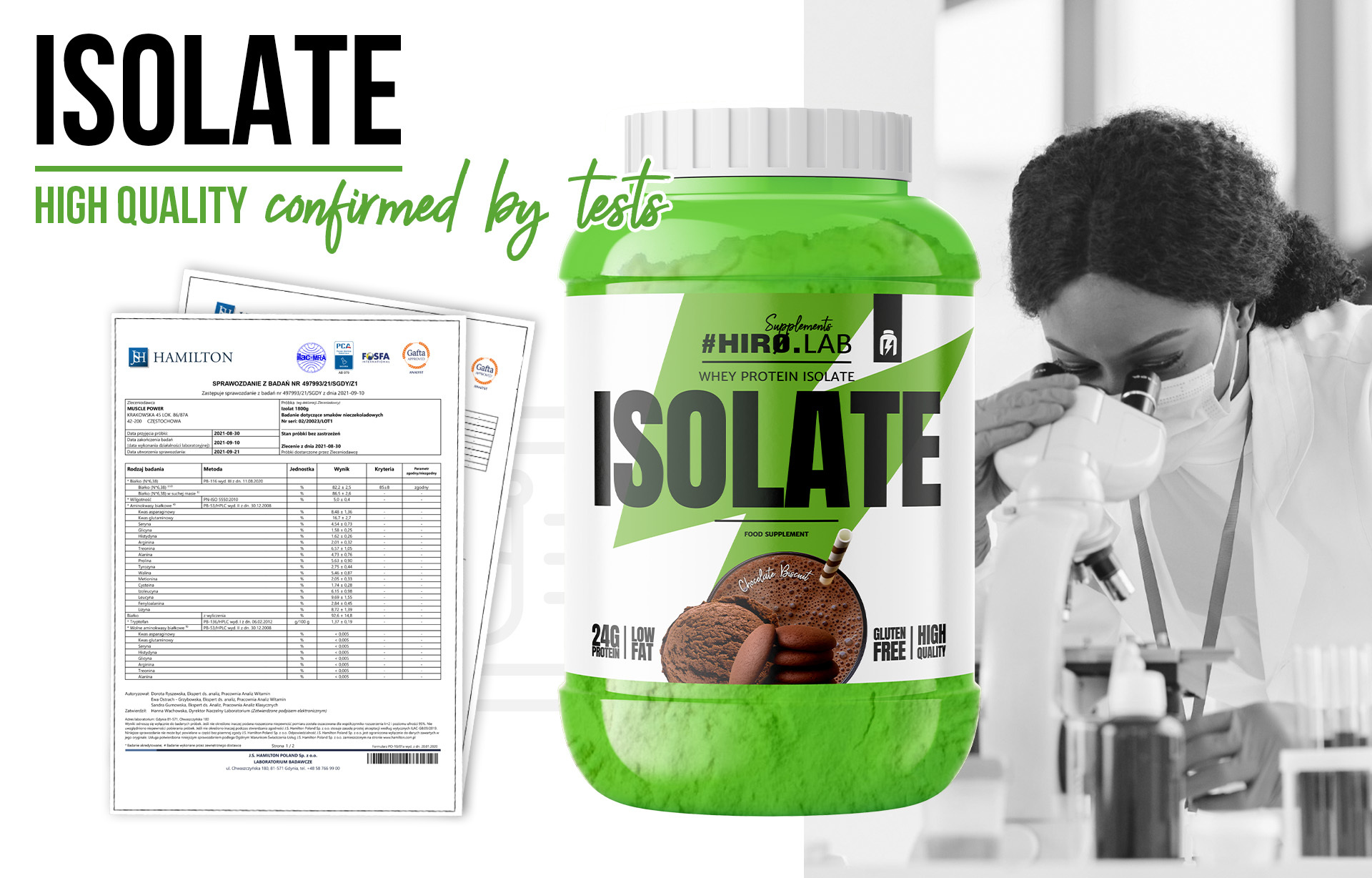 HIRO.LAB Whey Protein Isolate - 1800g sklep_hirolab_ISOLATE_1800g_badania_choco