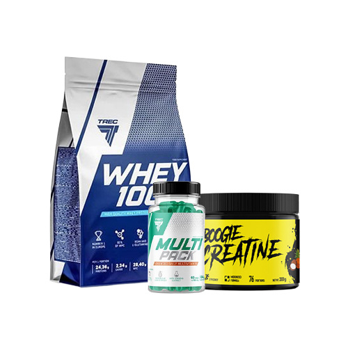 Protein TREC 100% Whey Cookies 900g + Kreatin TREC Boogie Creatine Tropical 300g + Vitamine TREC Multi Pack 60 Kapseln