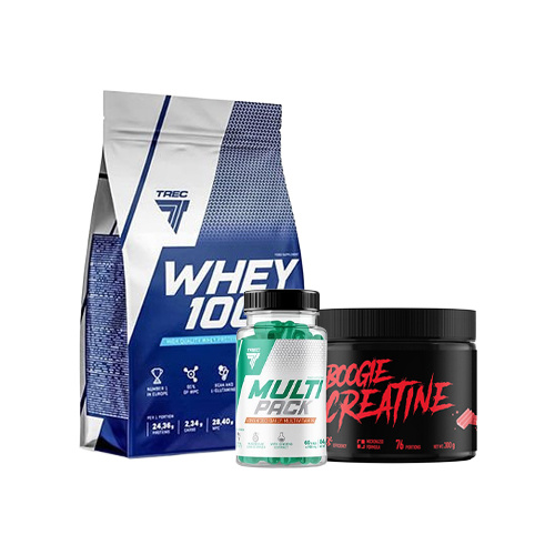 Protein TREC 100% Whey Chocolate 900g + Kreatin TREC Creatine Bubble Gum 300g + Vitamine TREC Multi Pack 60 Kapseln
